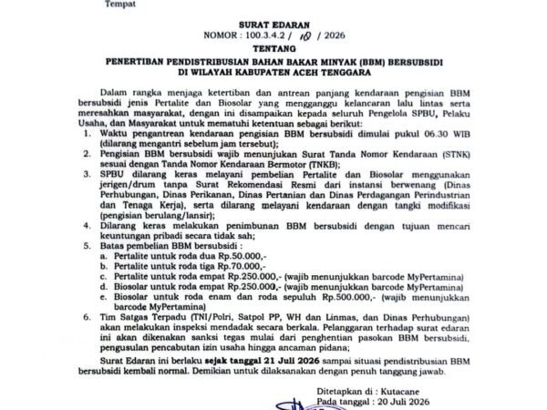 Bupati Terbitkan Edaran Penertiban BBM Bersubsidi, Pengawasan Libatkan TNI-Polri