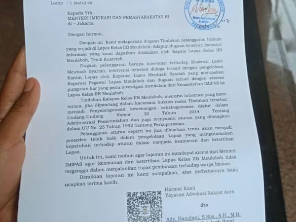 YARA Resmi Laporkan Dugaan Penyalahgunaan Wewenang di LAPAS Kelas IIB Meulaboh